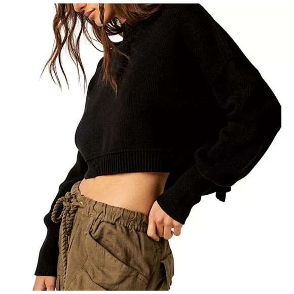 New Free People Easy Street Cropped Pullover Oversized Sweater Black Size Medium - Picture 2 of 6